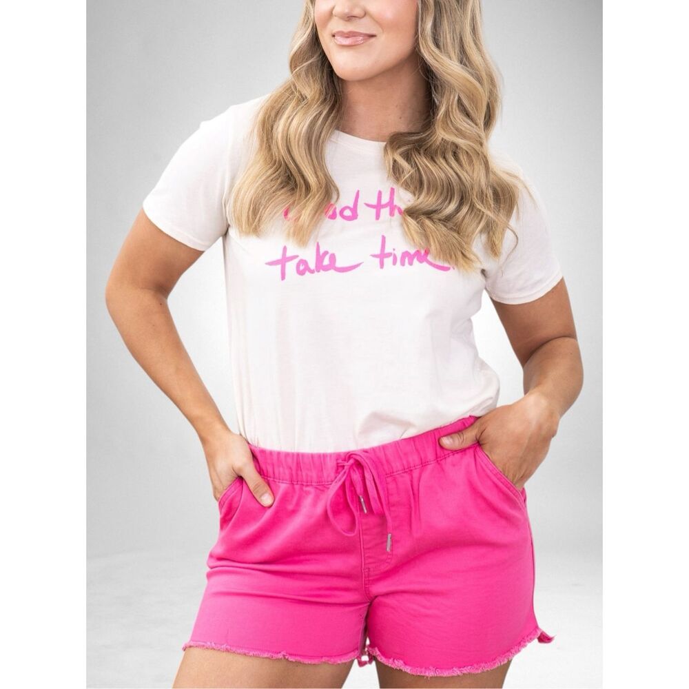 YMI Pink Denim Short Pull On Drawstring Frayed Hem High Rise Stretch Summer Plus - Picture 5 of 15